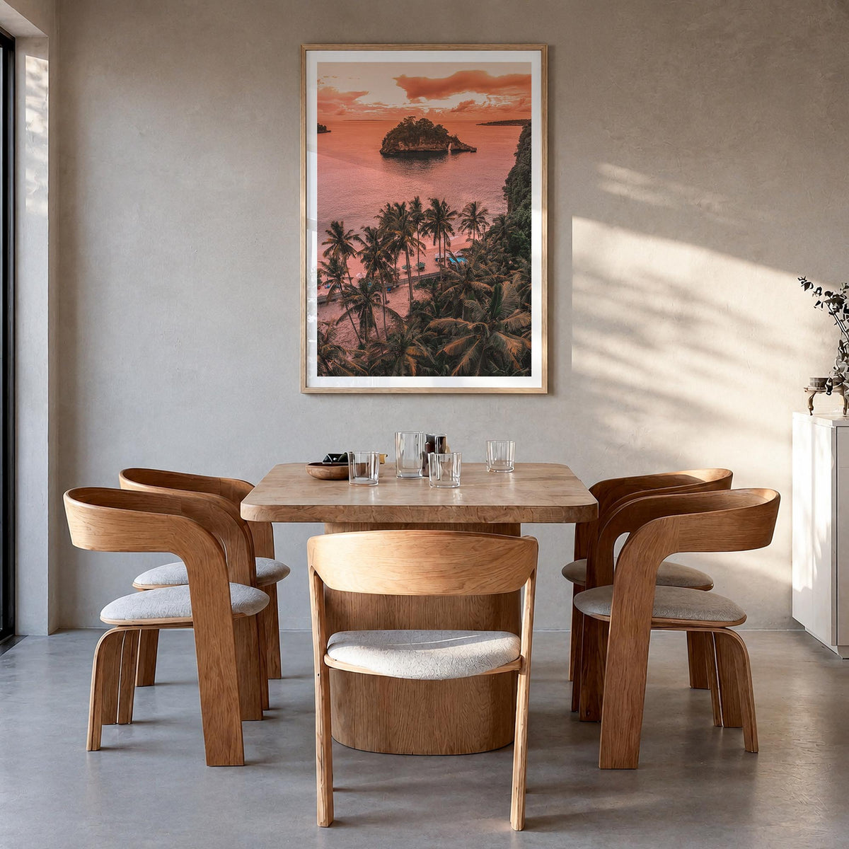 Bali no. 2 colorful photo poster of Indonesia – vertical wall art in natural wood frame with white border, hanging on wall
