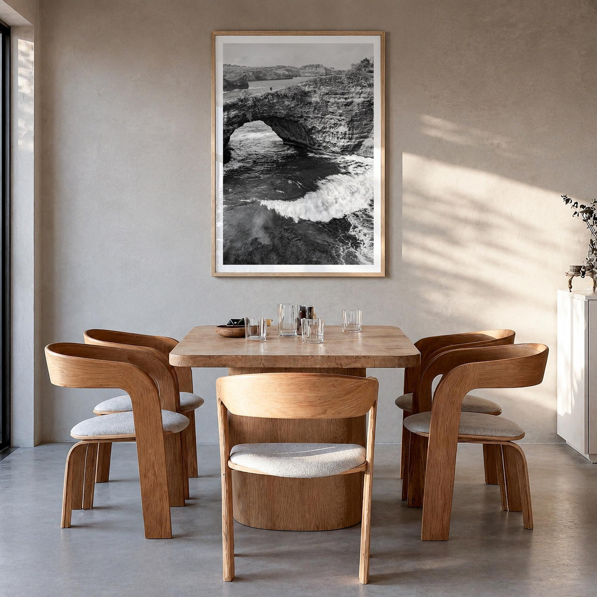 Bali no. 3 black & white photo poster of Indonesia – vertical wall art in natural wood frame with white border, hanging on wa