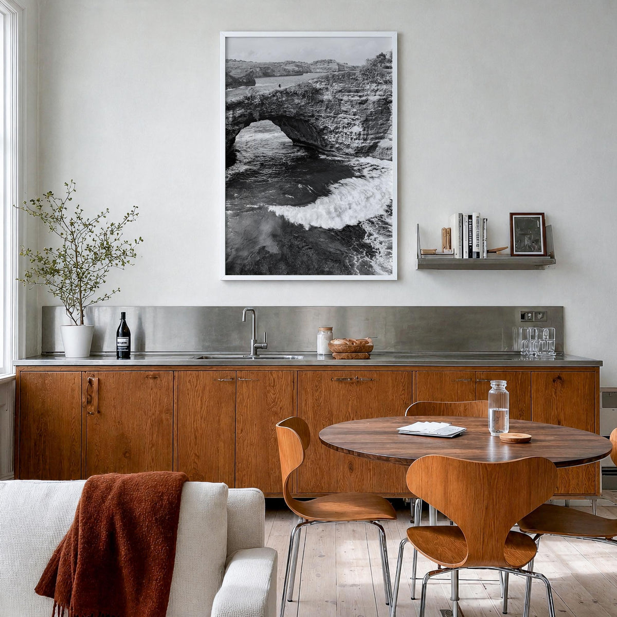 Bali no. 3 black & white photo poster of Indonesia – vertical wall art in white wood frame, hanging on wall