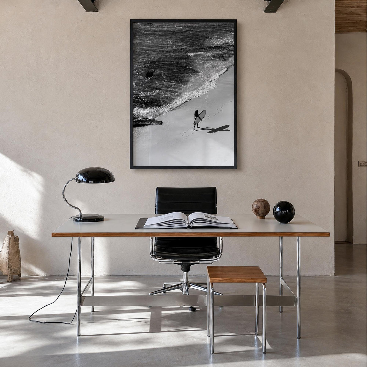 Bali no. 4 black & white photo poster of Indonesia – vertical wall art in black wood frame, hanging on wall