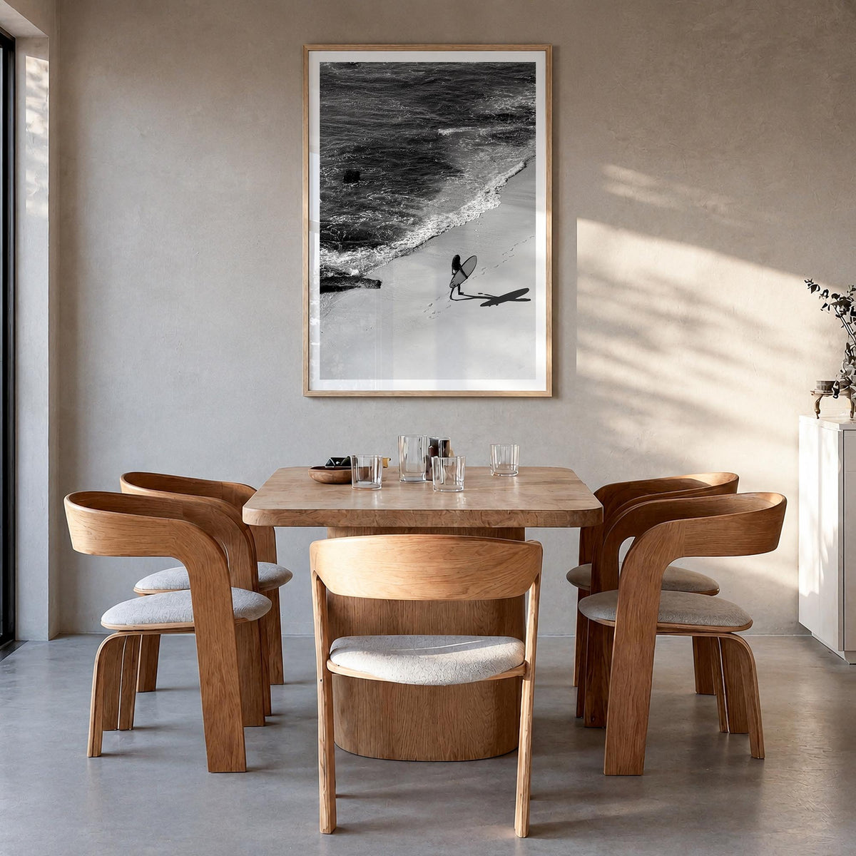Bali no. 4 black & white photo poster of Indonesia – vertical wall art in natural wood frame with white border, hanging on wa