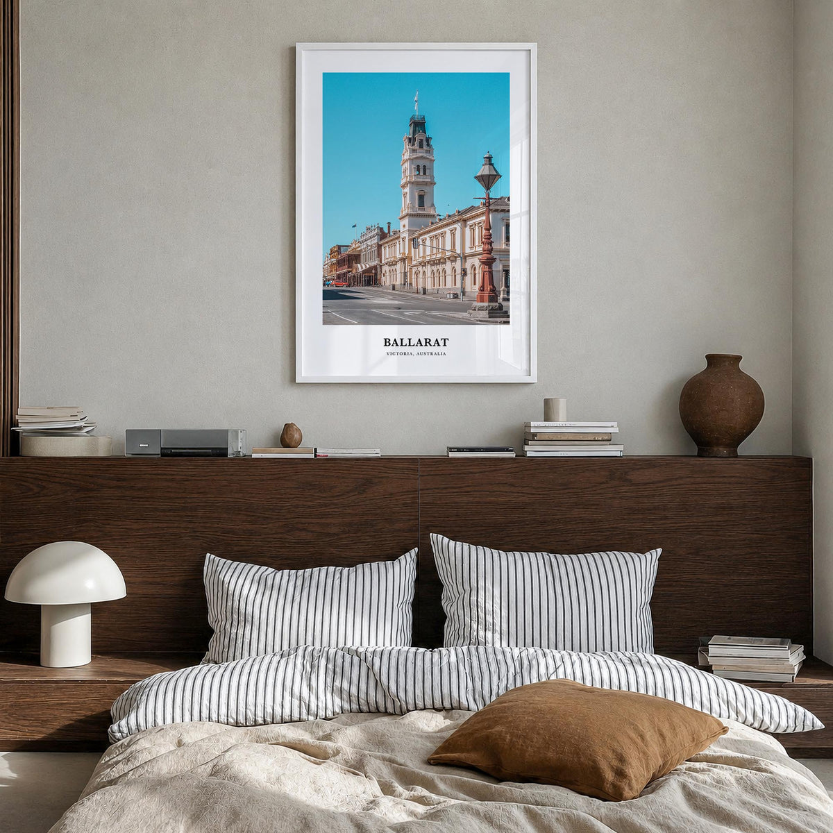 Ballarat colorful classic poster of Australia – vertical wall art in white wood frame, hanging on wall
