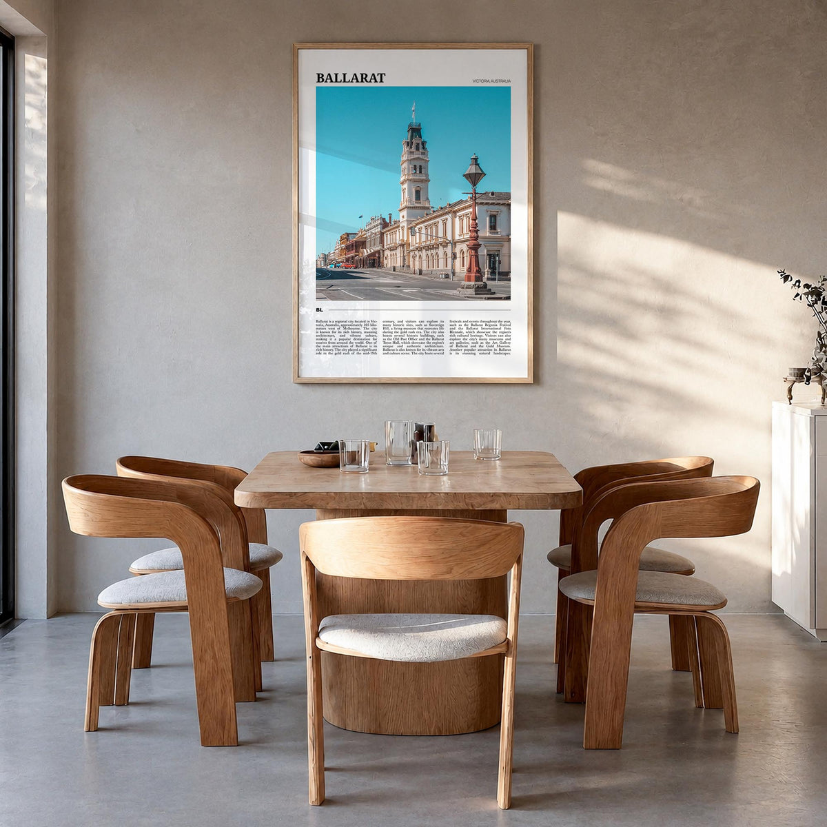 Ballarat colorful travel poster of Australia – vertical wall art in natural wood frame, hanging on wall