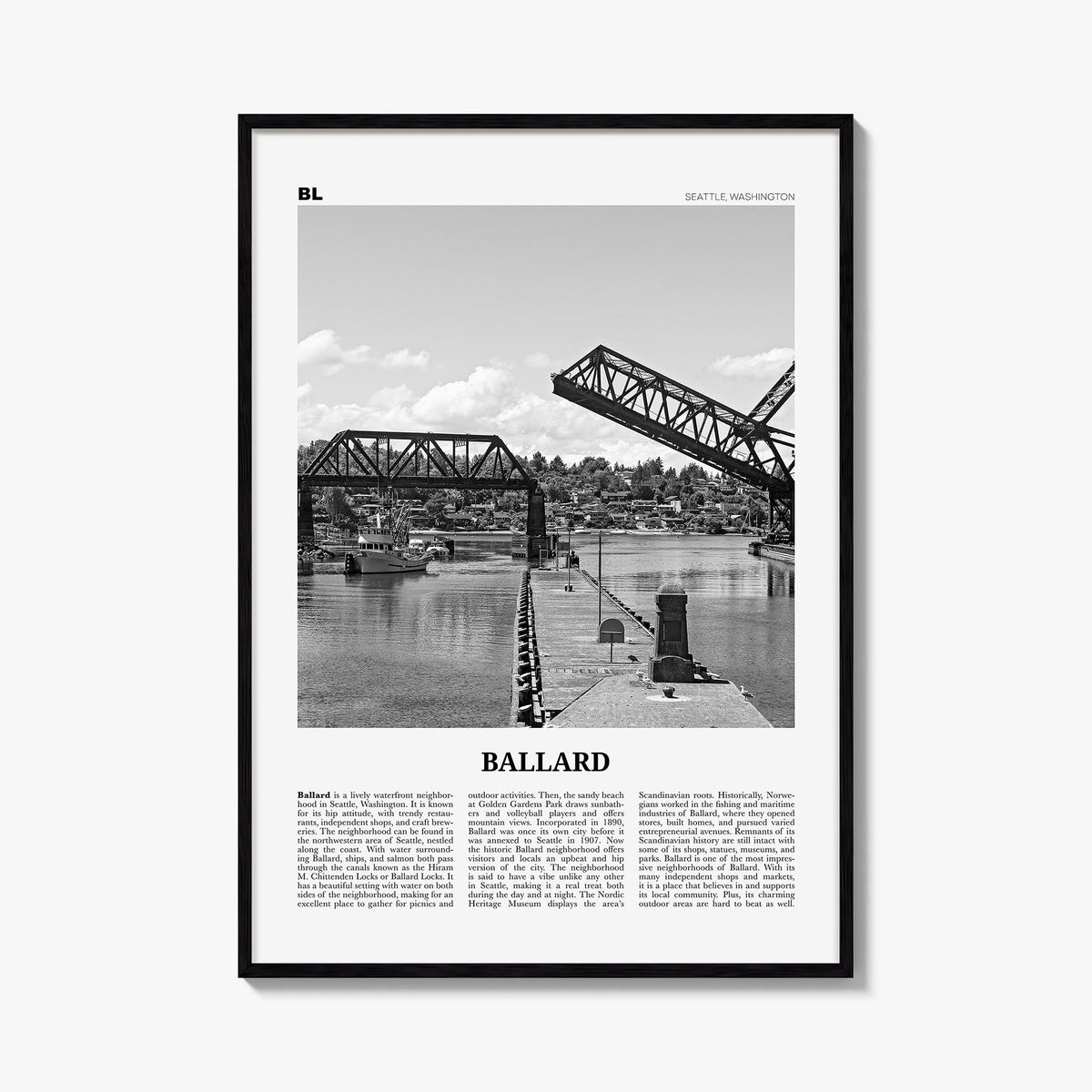 Ballard black & white newspaper poster of Seattle, Washington – vertical wall art, unframed print shown in interior mockup