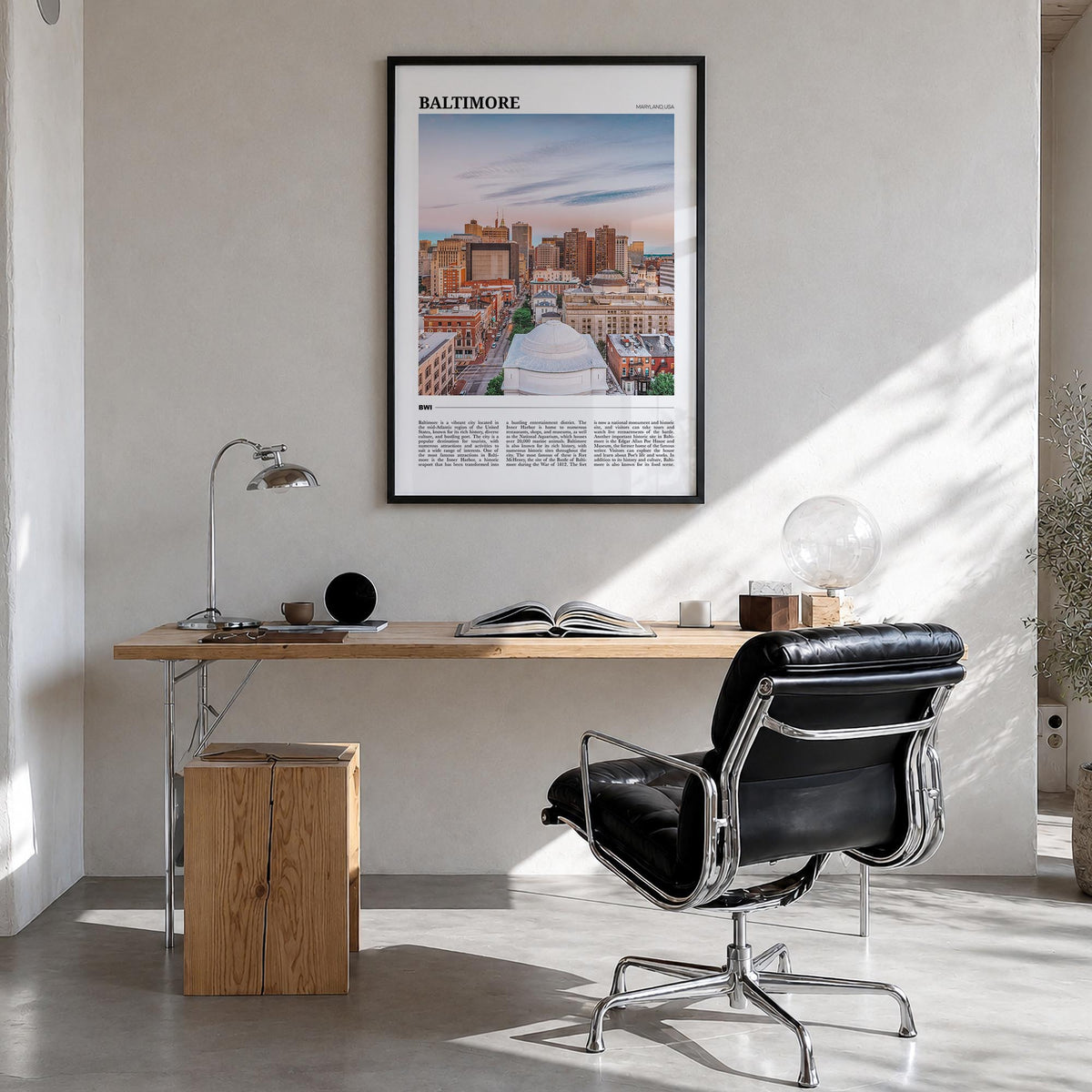Baltimore colorful travel poster of Maryland, USA – vertical wall art in black wood frame, hanging on wall