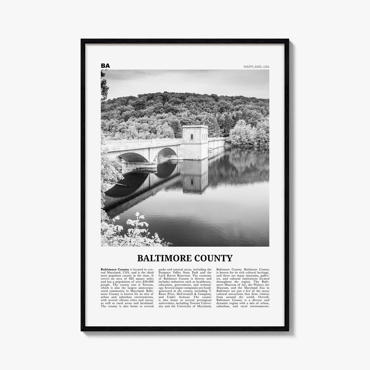 Baltimore County black & white newspaper poster of Maryland, USA – vertical wall art, unframed print shown in interior mockup