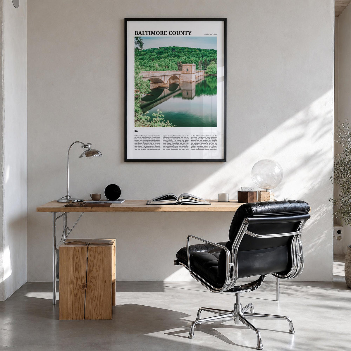 Baltimore County colorful travel poster of Maryland, USA – vertical wall art in black wood frame, hanging on wall