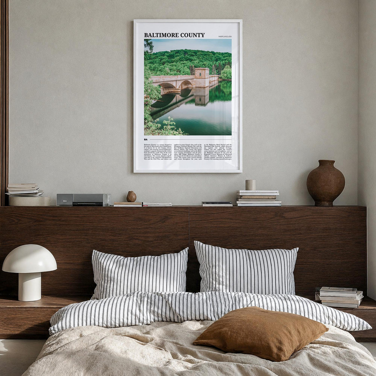 Baltimore County colorful travel poster of Maryland, USA – vertical wall art in white wood frame, hanging on wall
