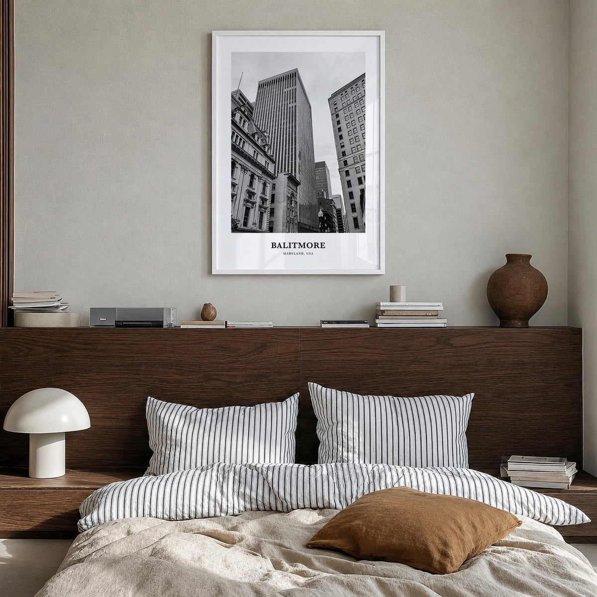 Baltimore no. 1 black & white classic poster of Maryland, USA – vertical wall art in white wood frame, hanging on wall