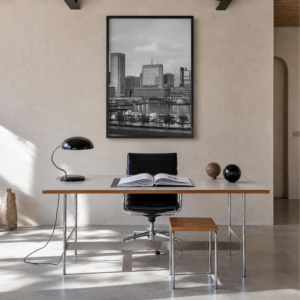 Baltimore no. 1 black & white photo poster of Maryland, USA – vertical wall art in black wood frame, hanging on wall