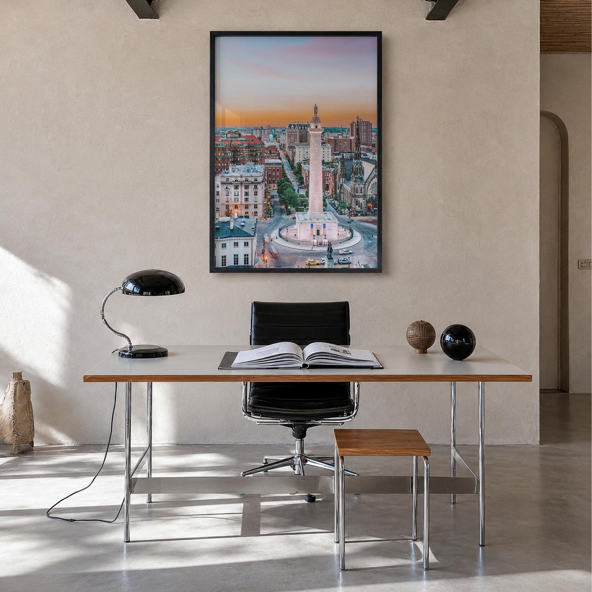 Baltimore no. 2 colorful photo poster of Maryland, USA – vertical wall art in black wood frame, hanging on wall