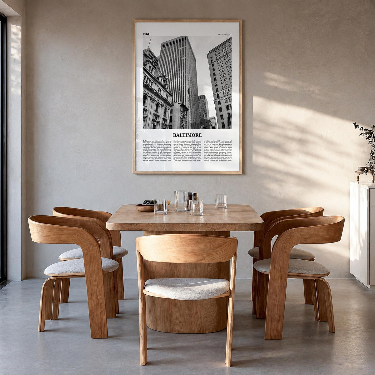 Baltimore no. 3 black & white newspaper poster of Maryland, USA – vertical wall art in natural wood frame, hanging on wall