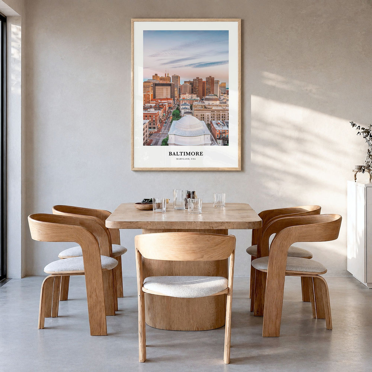 Baltimore Classic Poster in a natural wood frame, hanging in a dining room