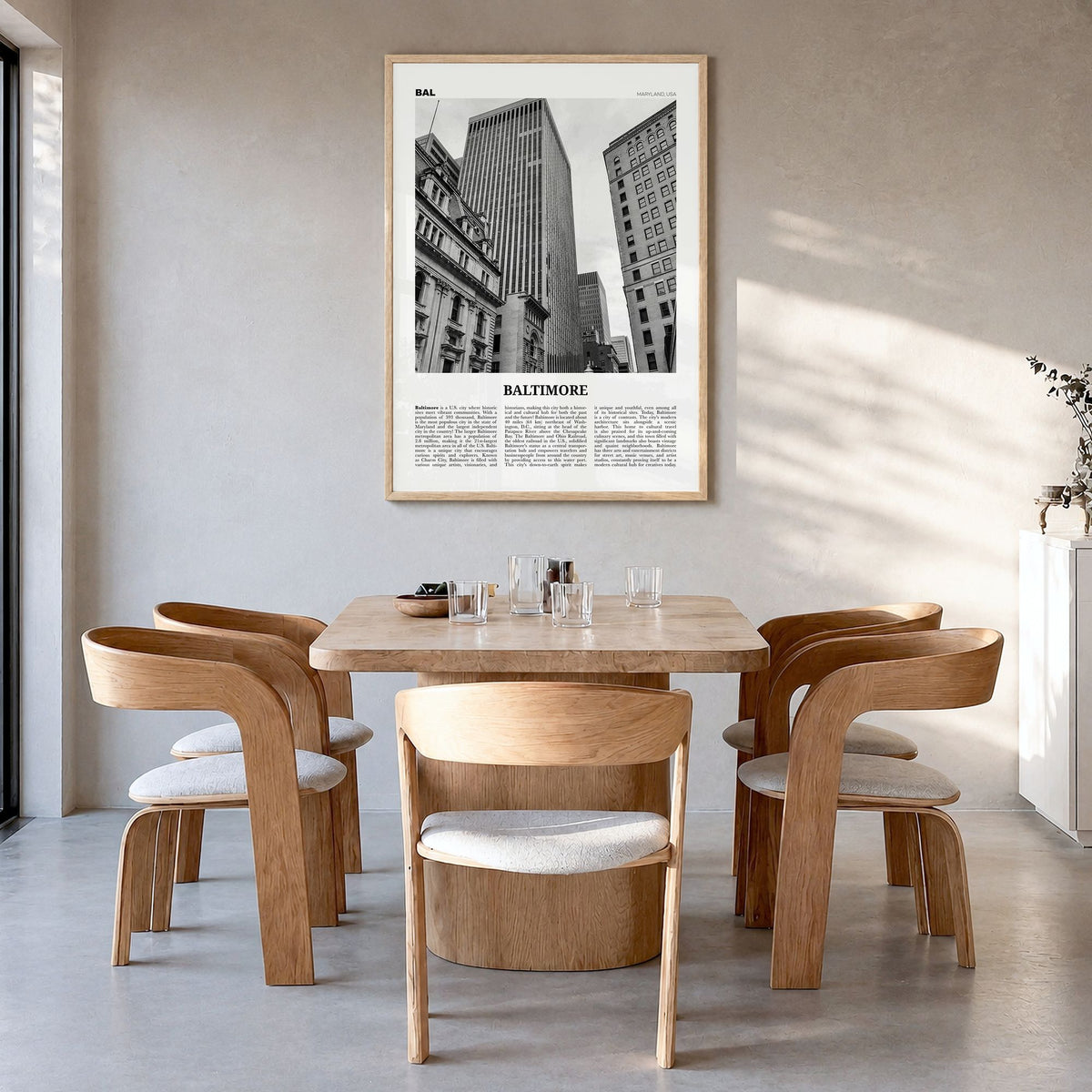 Baltimore Newspaper No 3 Poster in a natural wood frame, hanging in a dining room