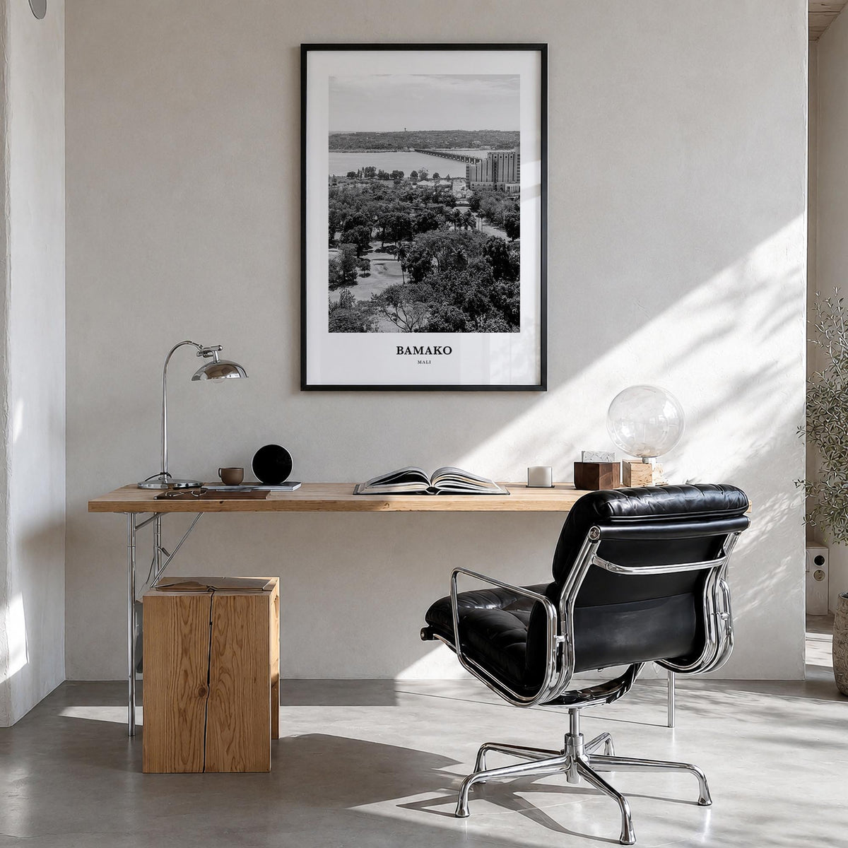 Bamako black & white classic poster of Mali – vertical wall art in black wood frame, hanging on wall