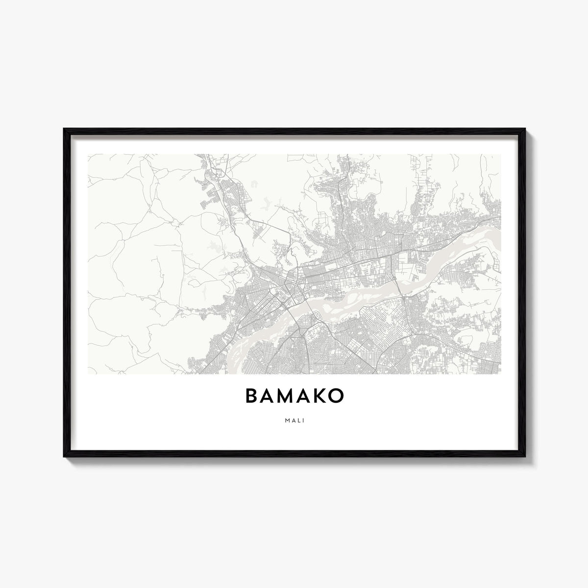 Bamako black & white map poster of Mali – horizontal wall art, unframed print shown in interior mockup