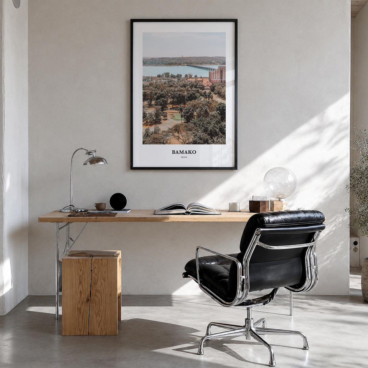 Bamako colorful classic poster of Mali – vertical wall art in black wood frame, hanging on wall