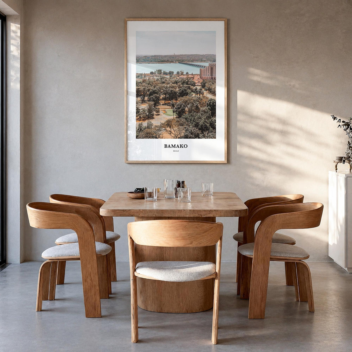 Bamako colorful classic poster of Mali – vertical wall art in natural wood frame, hanging on wall
