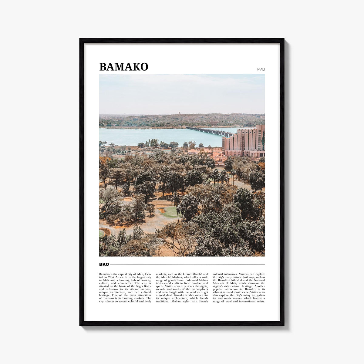 Bamako colorful travel poster of Mali – vertical wall art, unframed print shown in interior mockup