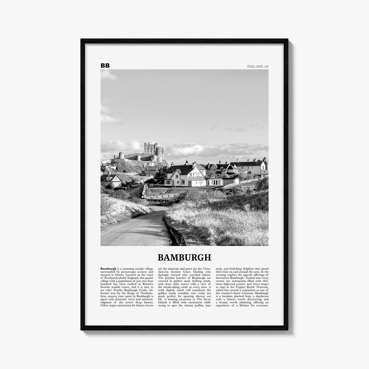 Bamburgh black & white newspaper poster of United Kingdom – vertical wall art, unframed print shown in interior mockup