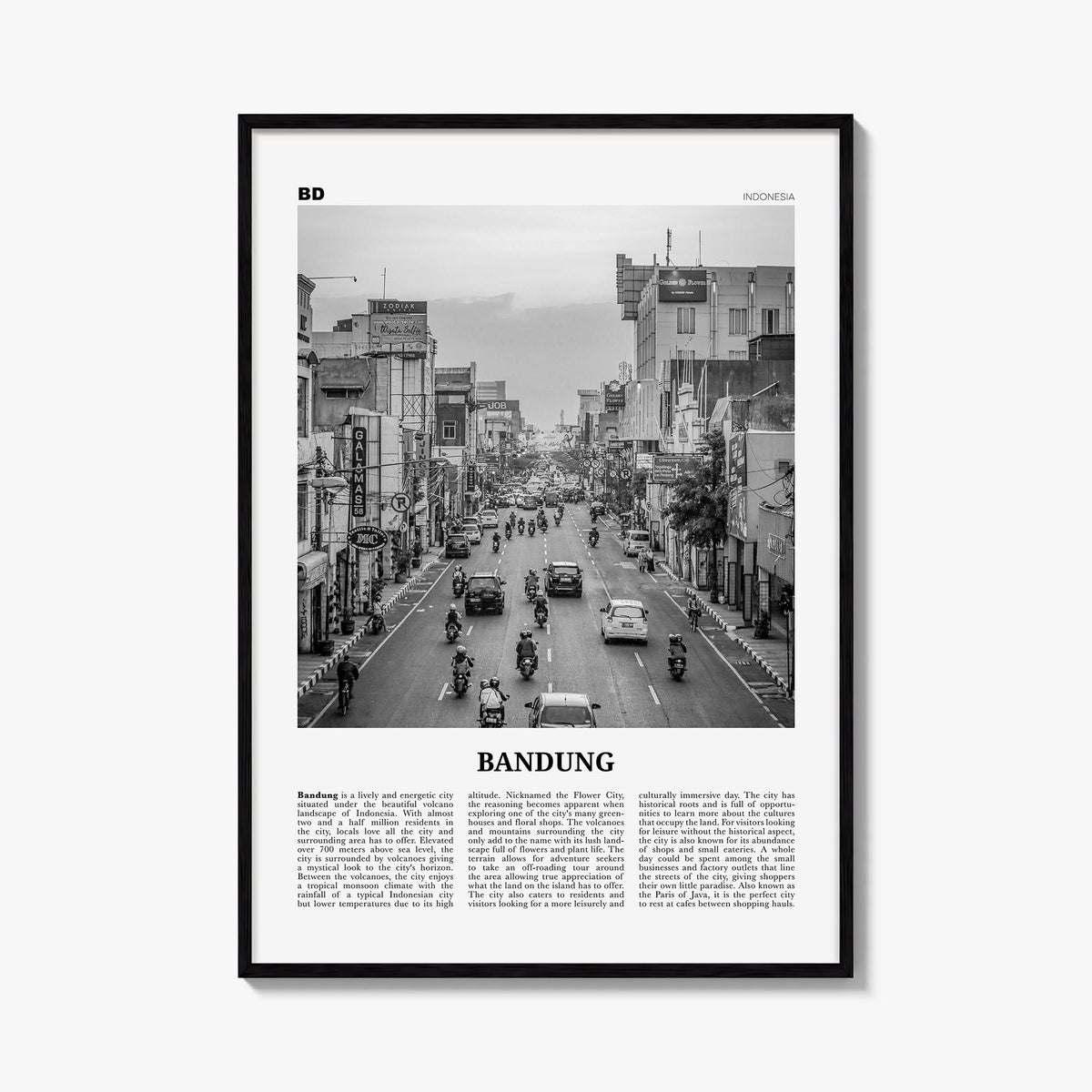 Bandung black & white newspaper poster of Indonesia – vertical wall art, unframed print shown in interior mockup