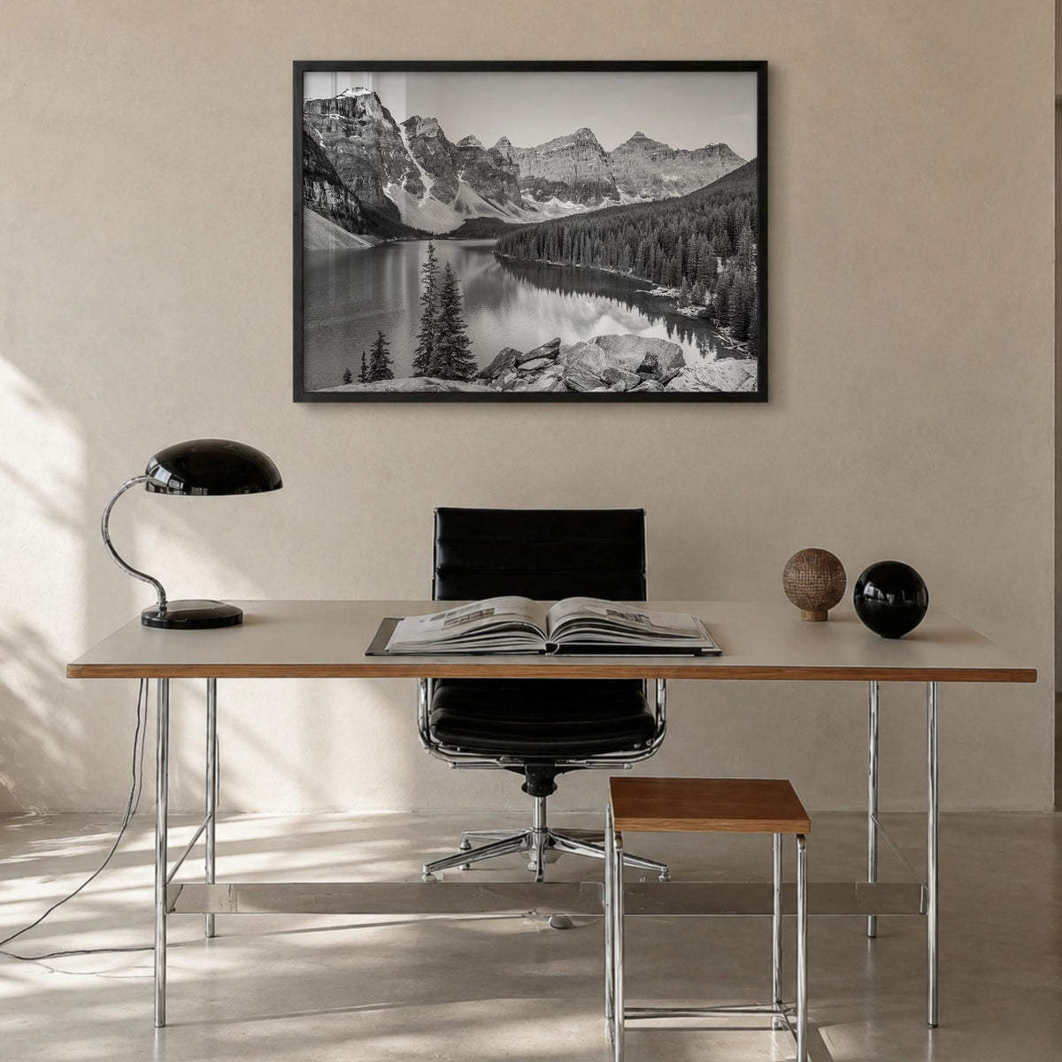 Banff black & white photo poster of Alberta, Canada – horizontal wall art in black wood frame, hanging on wall
