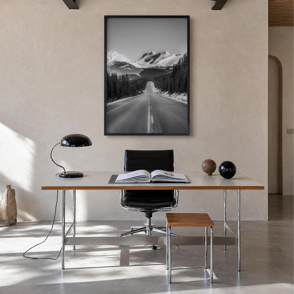 Banff black & white photo poster of Alberta, Canada – vertical wall art in black wood frame, hanging on wall
