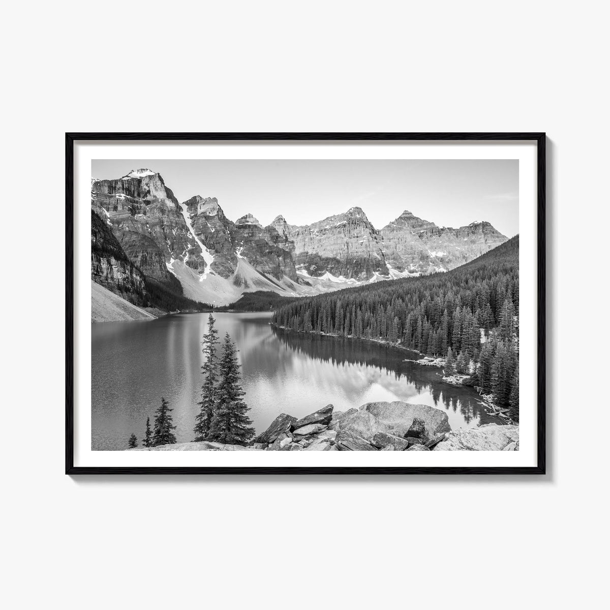 Banff black & white photo poster of Alberta, Canada – horizontal wall art, unframed print shown in interior mockup