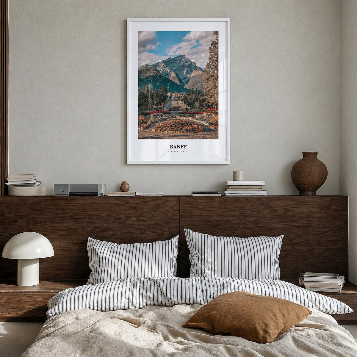 Banff colorful classic poster of Alberta, Canada – vertical wall art in white wood frame, hanging on wall