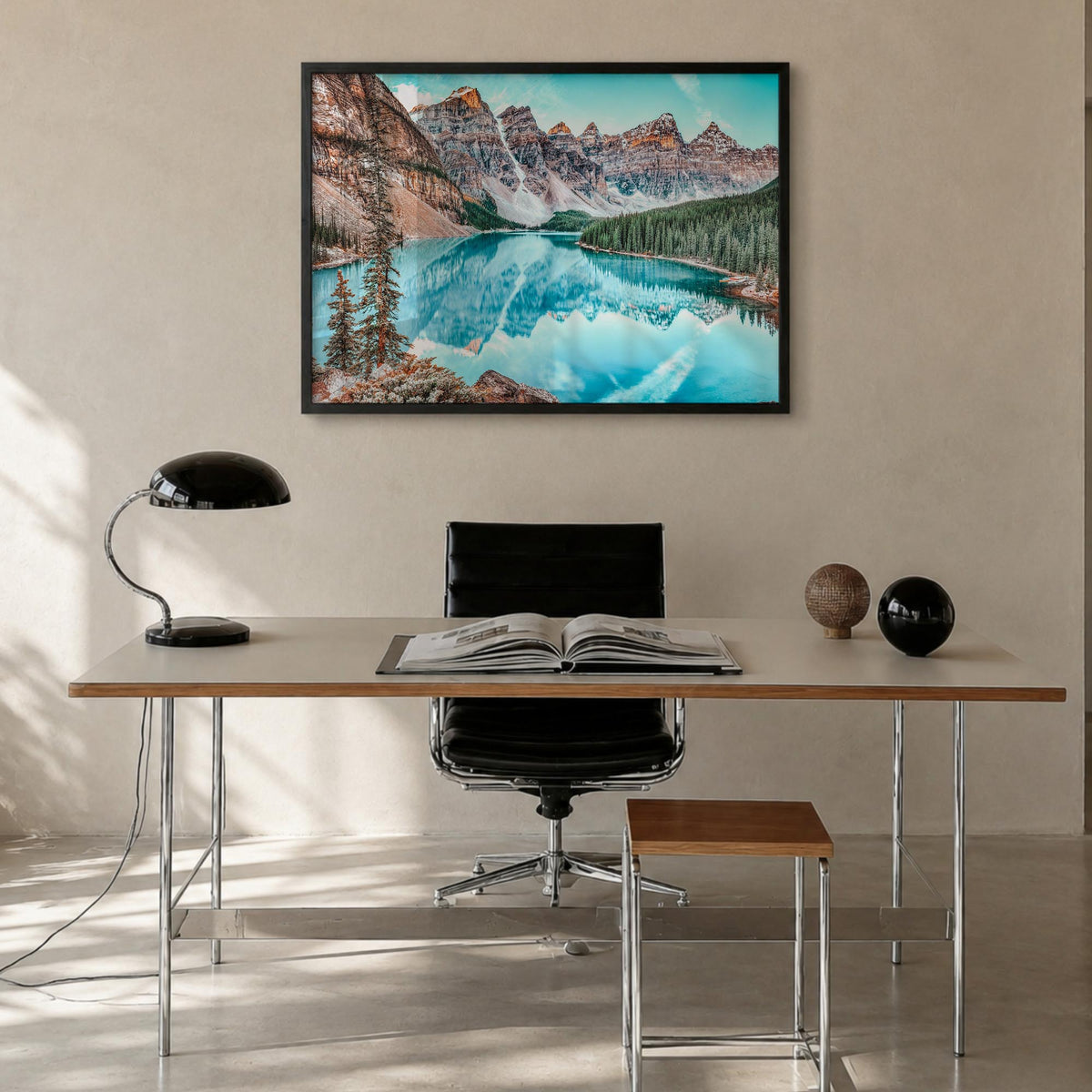 Banff colorful photo poster of Alberta, Canada – horizontal wall art in black wood frame, hanging on wall