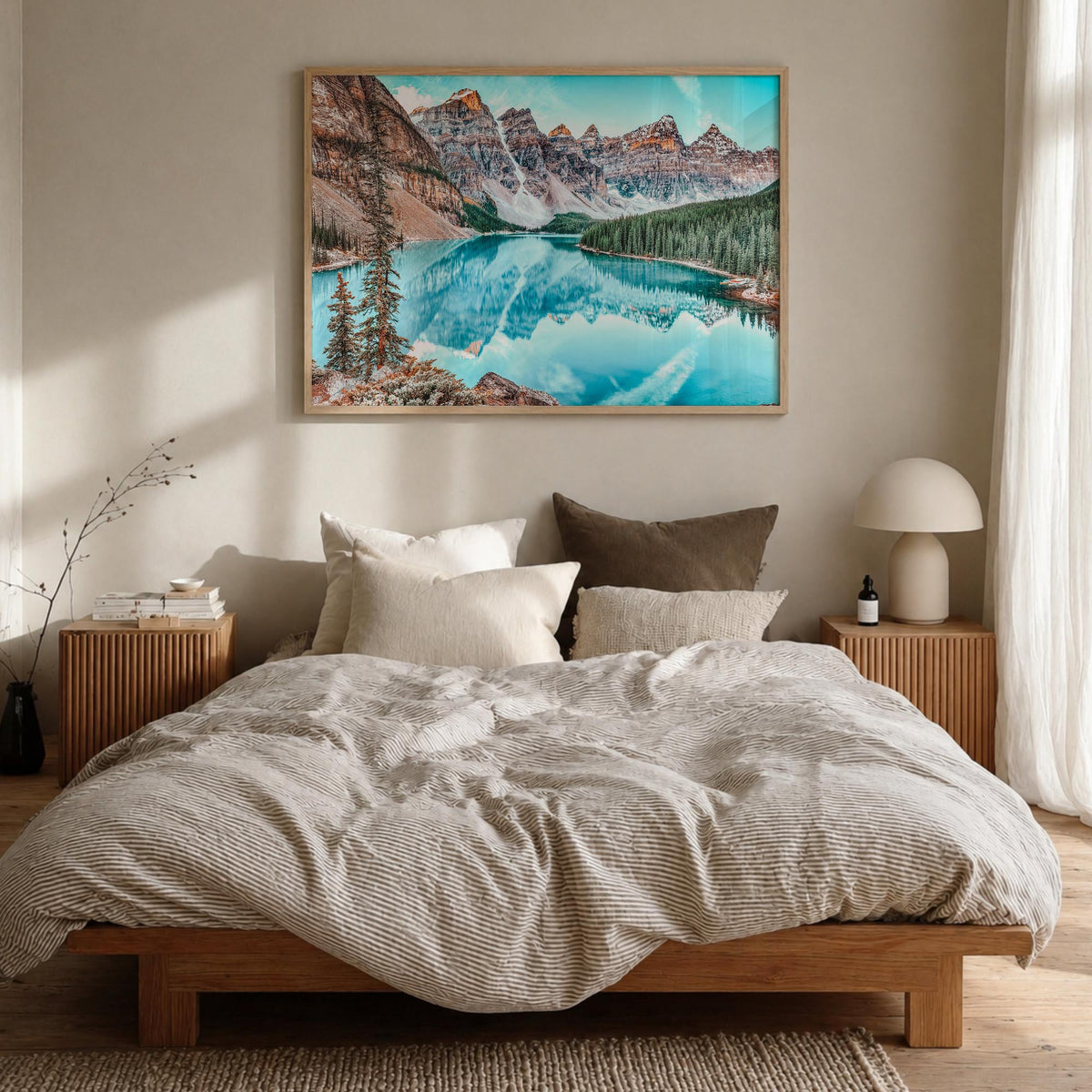 Banff colorful photo poster of Alberta, Canada – horizontal wall art in natural wood frame, hanging on wall