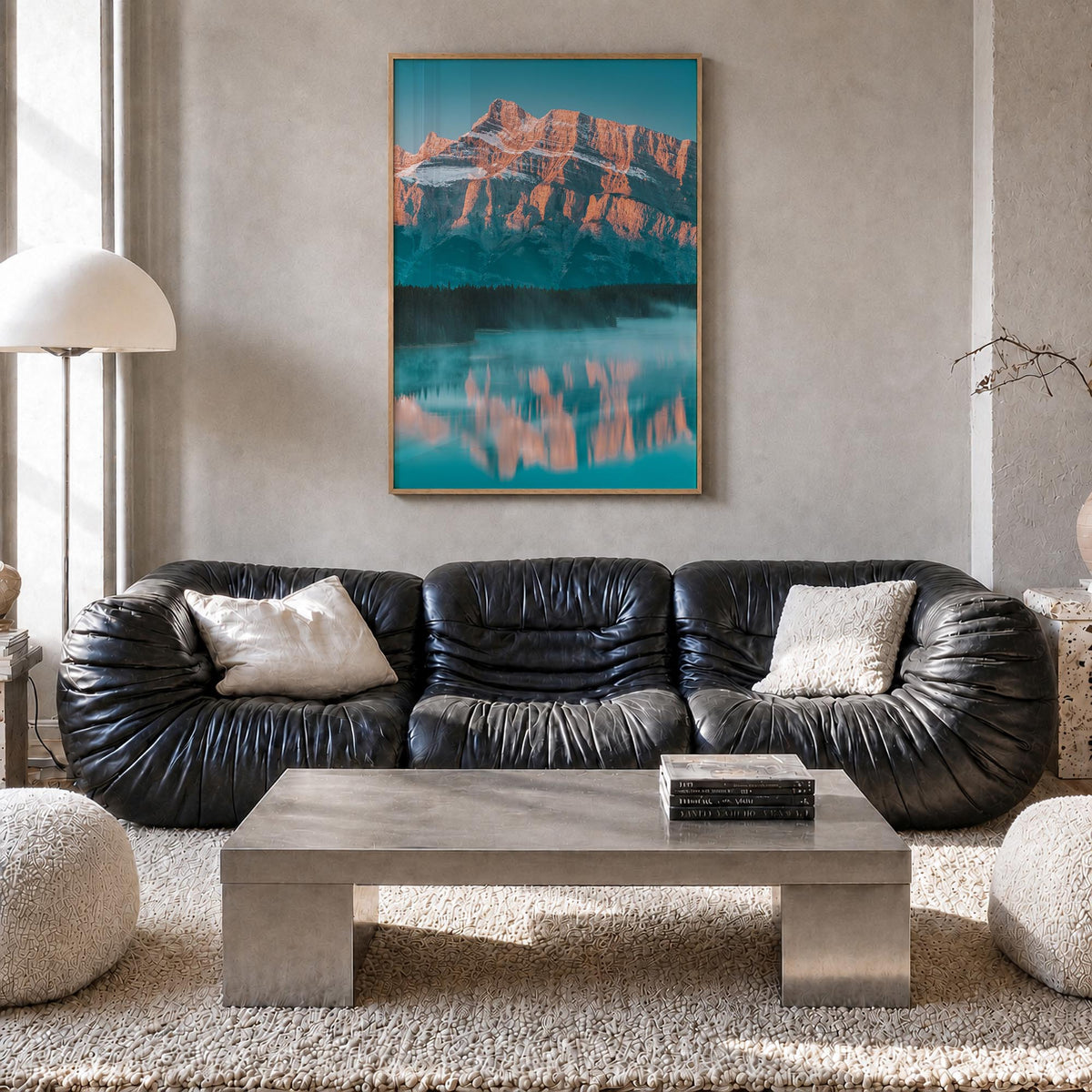 Banff colorful photo poster of Alberta, Canada – vertical wall art in natural wood frame, hanging on wall