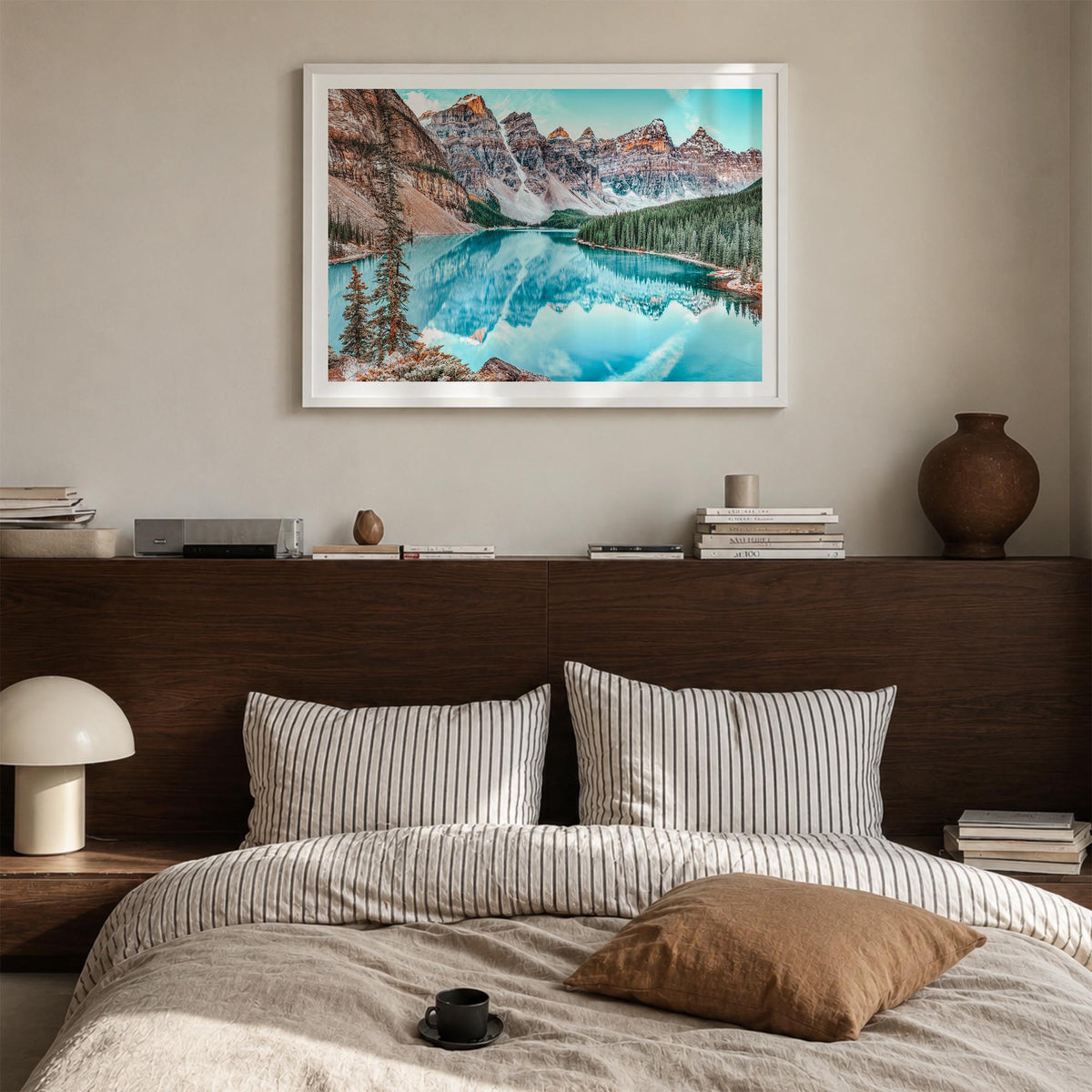 Banff colorful photo poster of Alberta, Canada – horizontal wall art in white wood frame with white border, hanging on wall