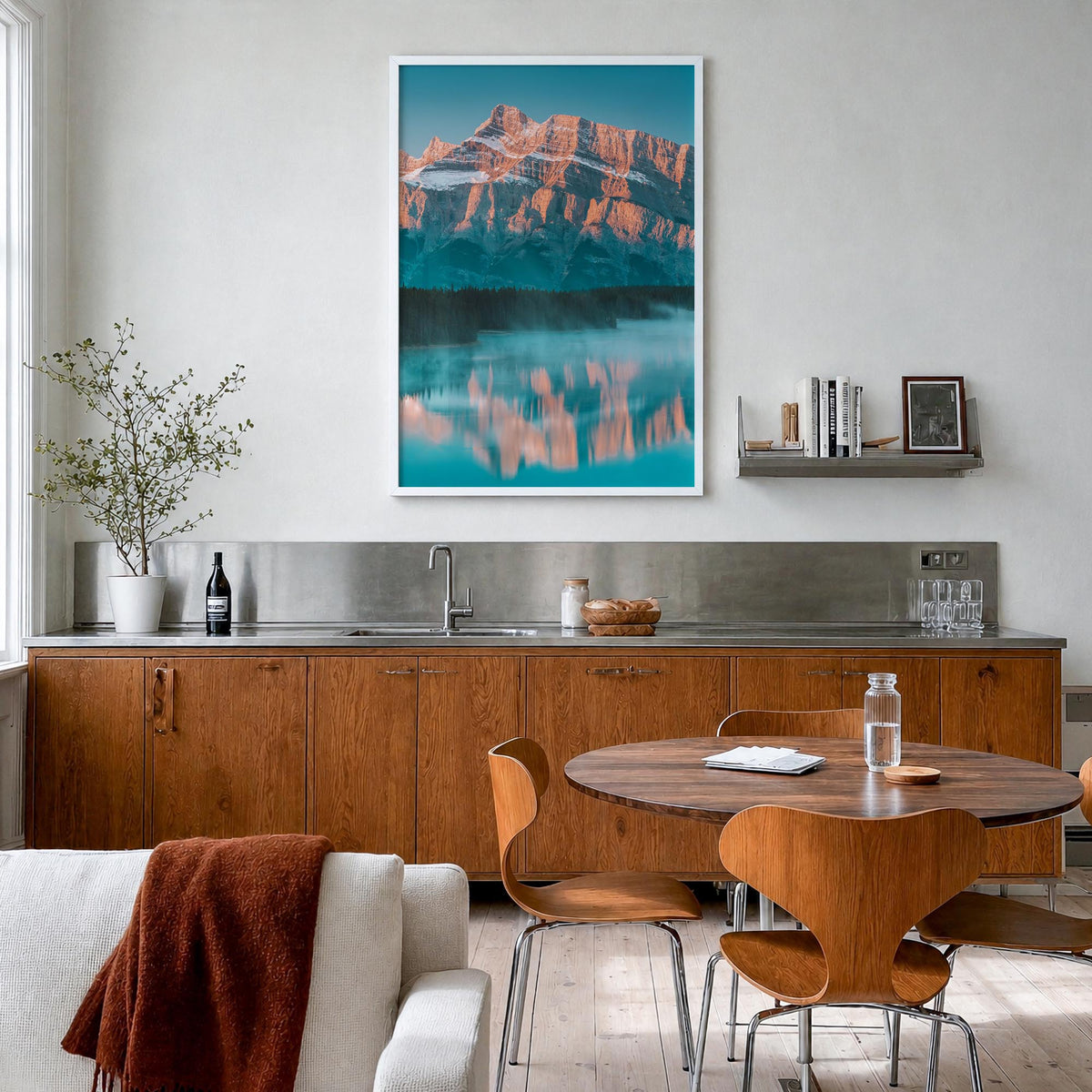 Banff colorful photo poster of Alberta, Canada – vertical wall art in white wood frame, hanging on wall