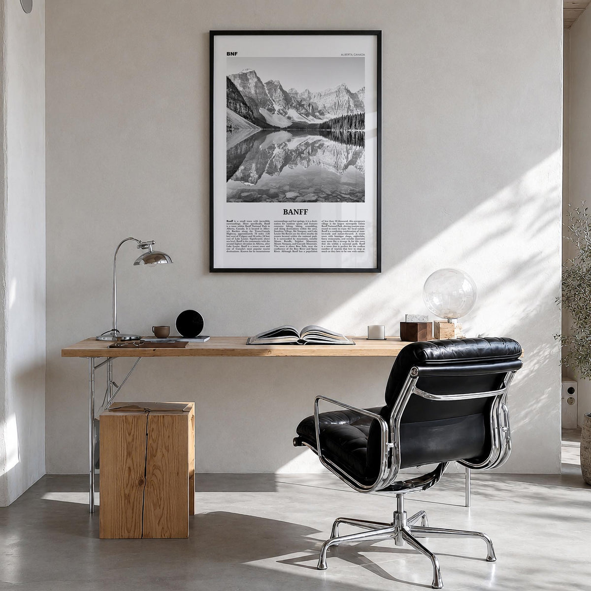 Banff no. 1 black & white newspaper poster of Alberta, Canada – vertical wall art in black wood frame, hanging on wall