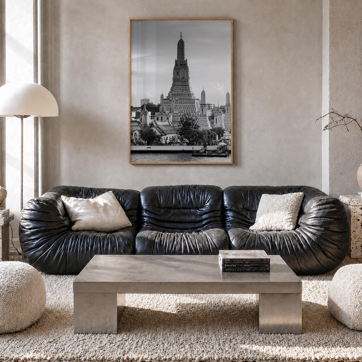 Bangkok black & white photo poster of Thailand – vertical wall art in natural wood frame, hanging on wall