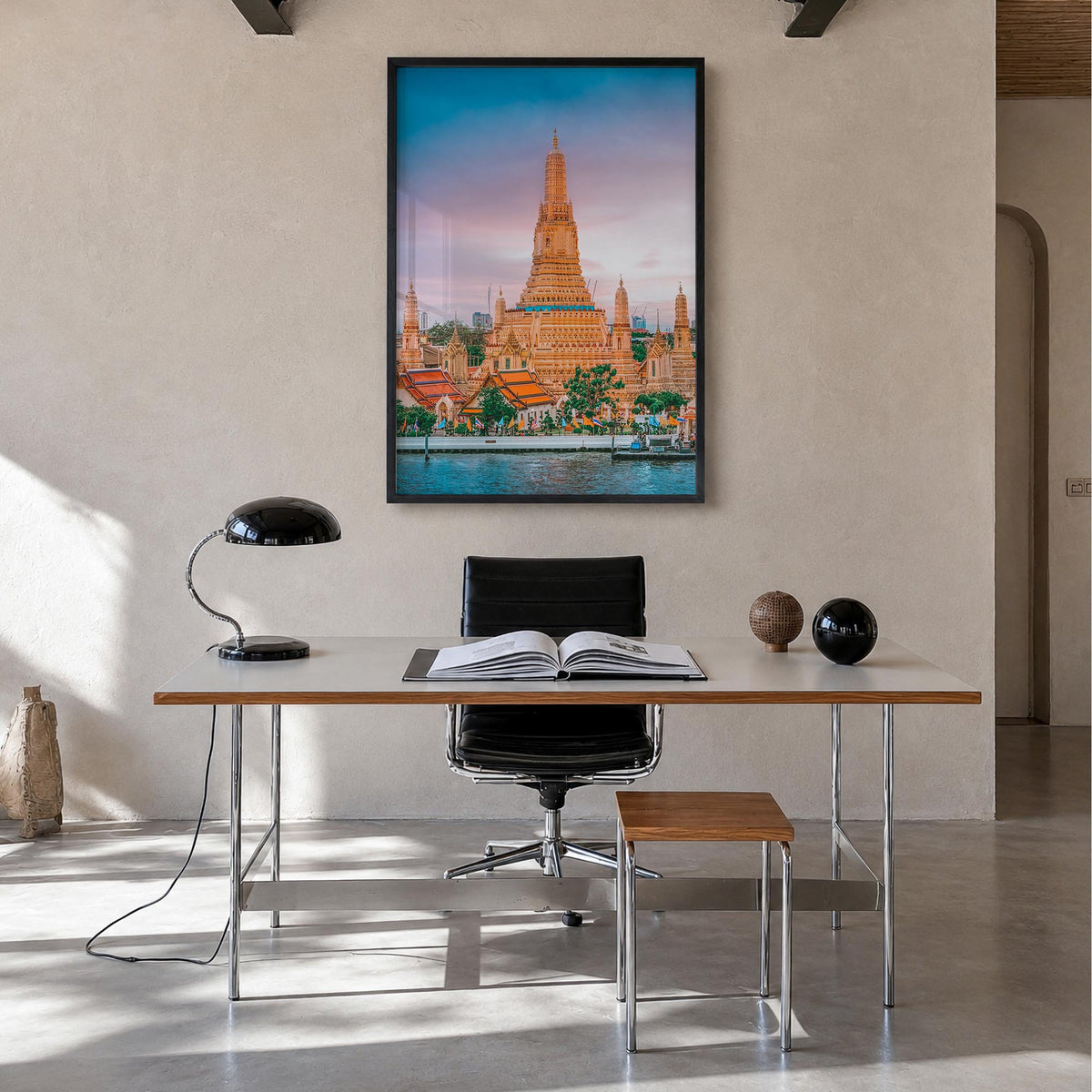 Bangkok colorful photo poster of Thailand – vertical wall art in black wood frame, hanging on wall