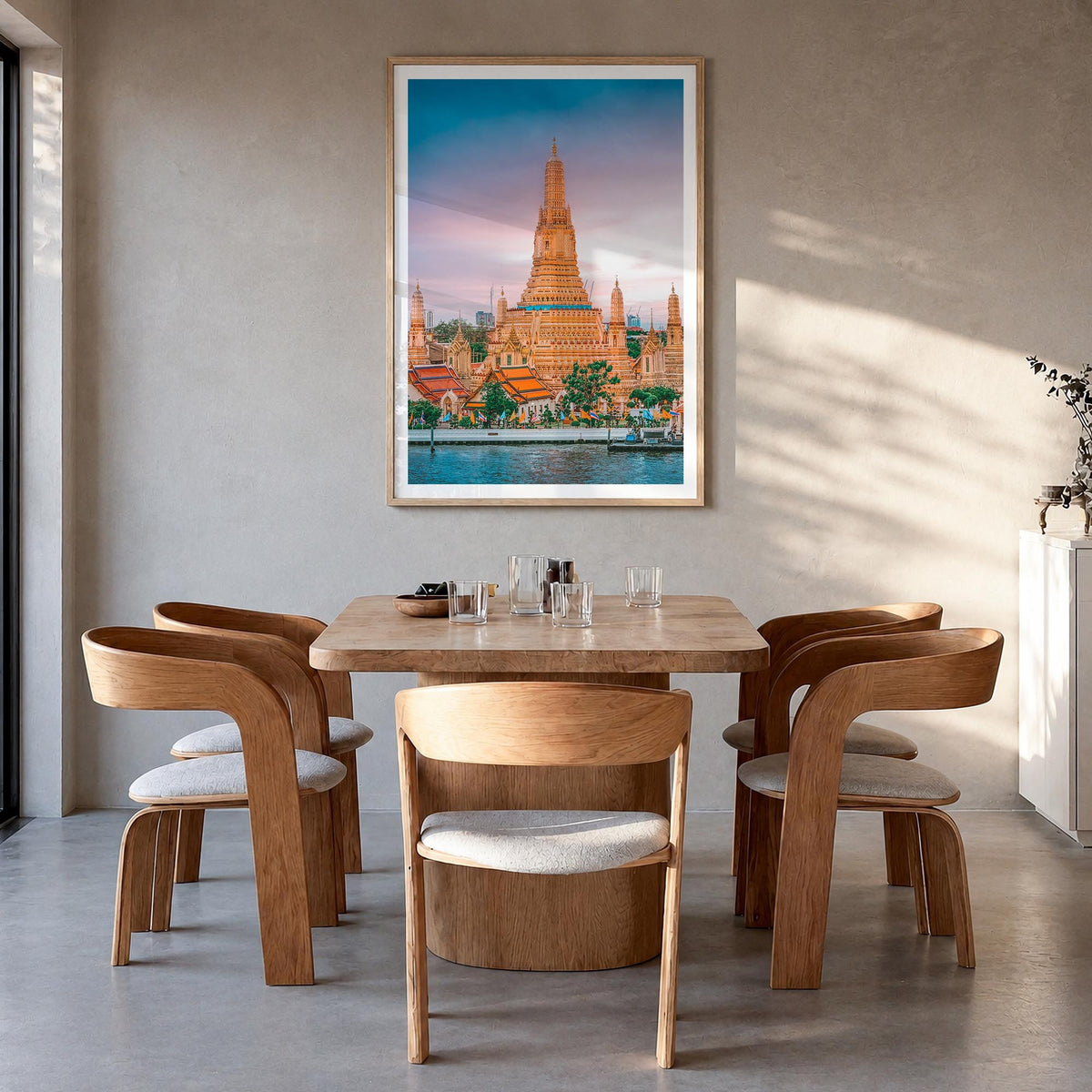 Bangkok colorful photo poster of Thailand – vertical wall art in natural wood frame with white border, hanging on wall