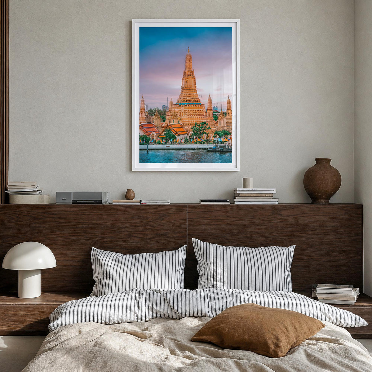 Bangkok colorful photo poster of Thailand – vertical wall art in white wood frame with white border, hanging on wall