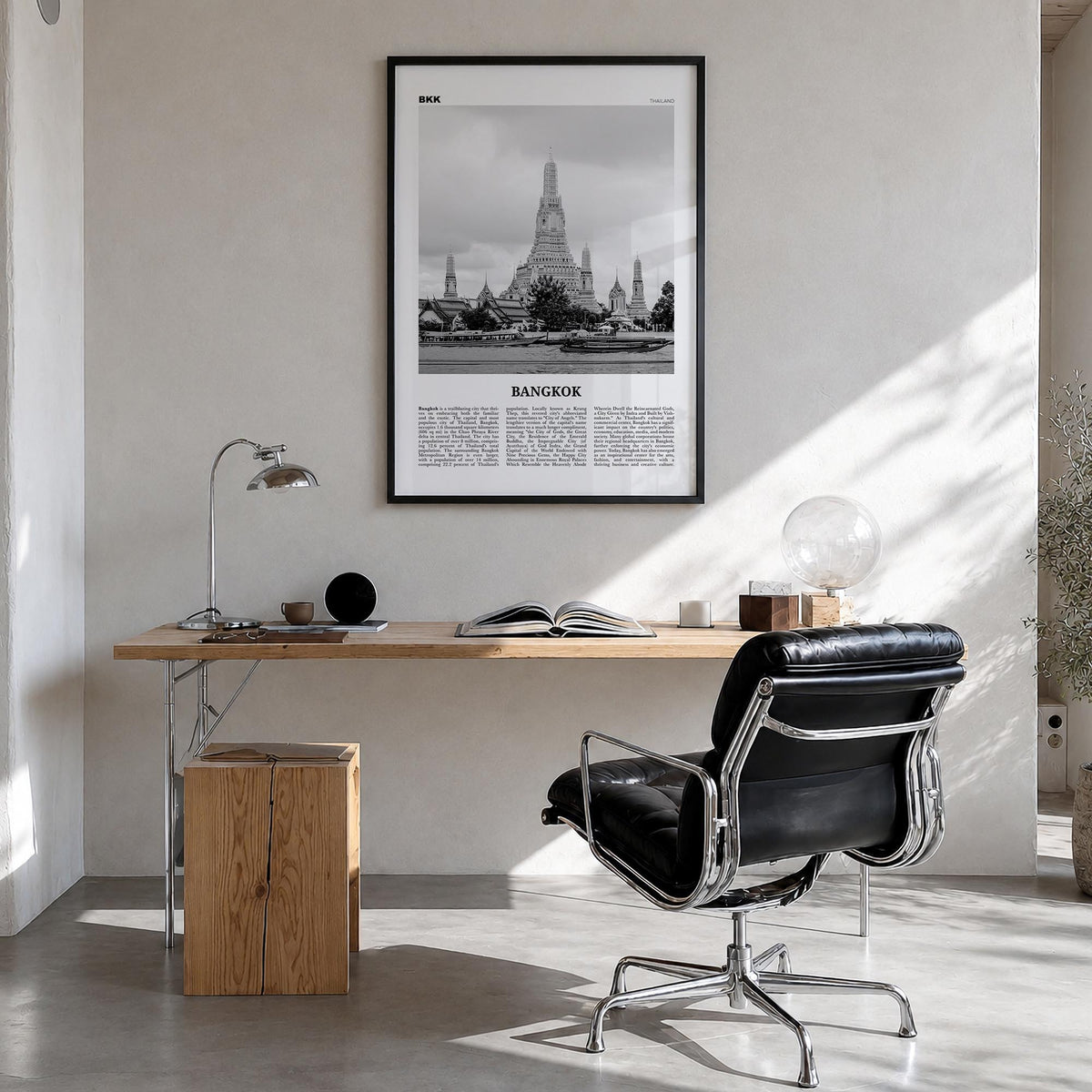 Bangkok no. 1 black & white newspaper poster of Thailand – vertical wall art in black wood frame, hanging on wall