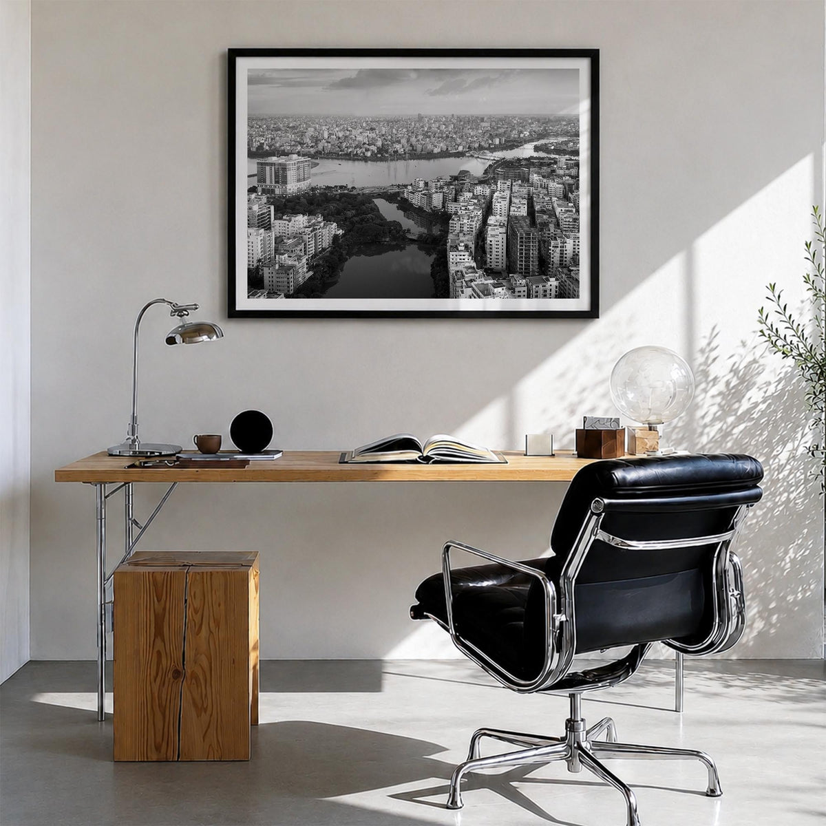 Bangladesh black & white photo poster of Asia – horizontal wall art in black wood frame with white border, hanging on wall