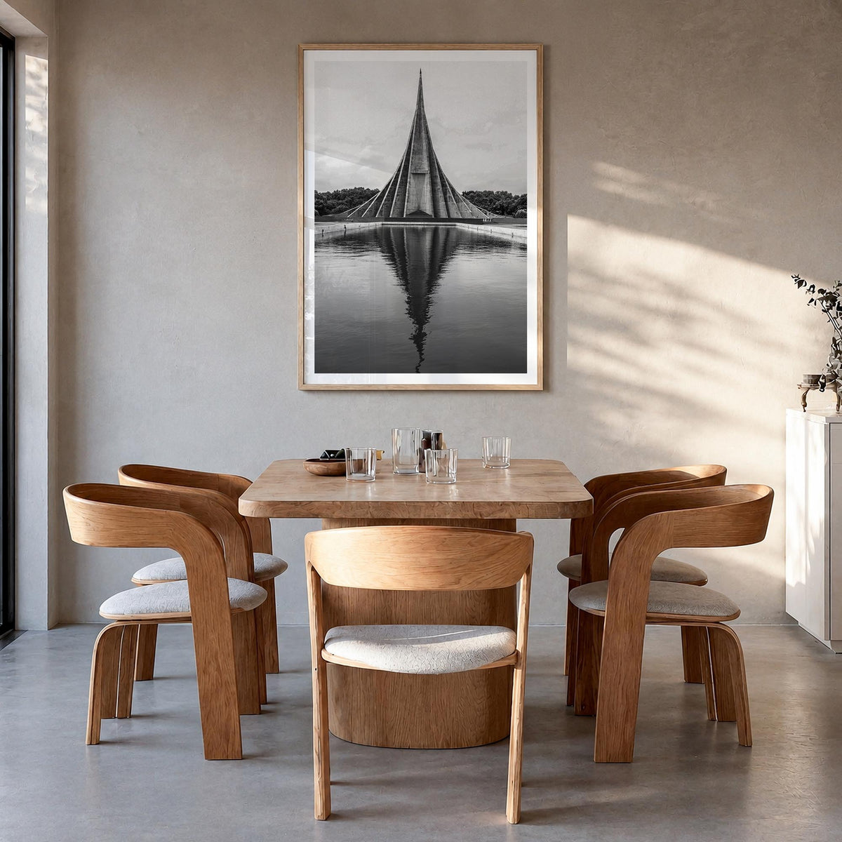 Bangladesh black & white photo poster of Asia – vertical wall art in natural wood frame with white border, hanging on wall