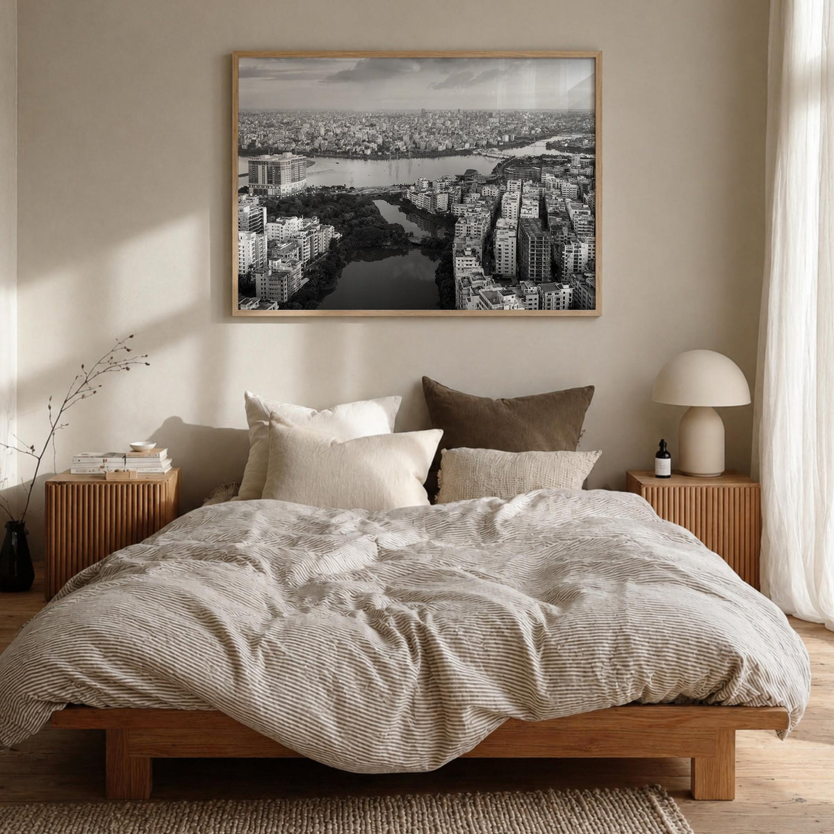 Bangladesh black & white photo poster of Asia – horizontal wall art in natural wood frame, hanging on wall