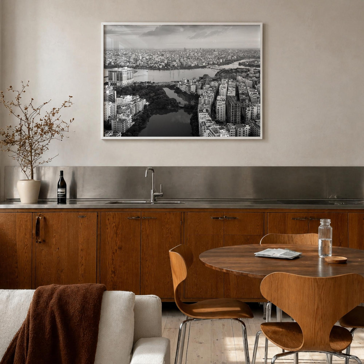 Bangladesh black & white photo poster of Asia – horizontal wall art in white wood frame, hanging on wall