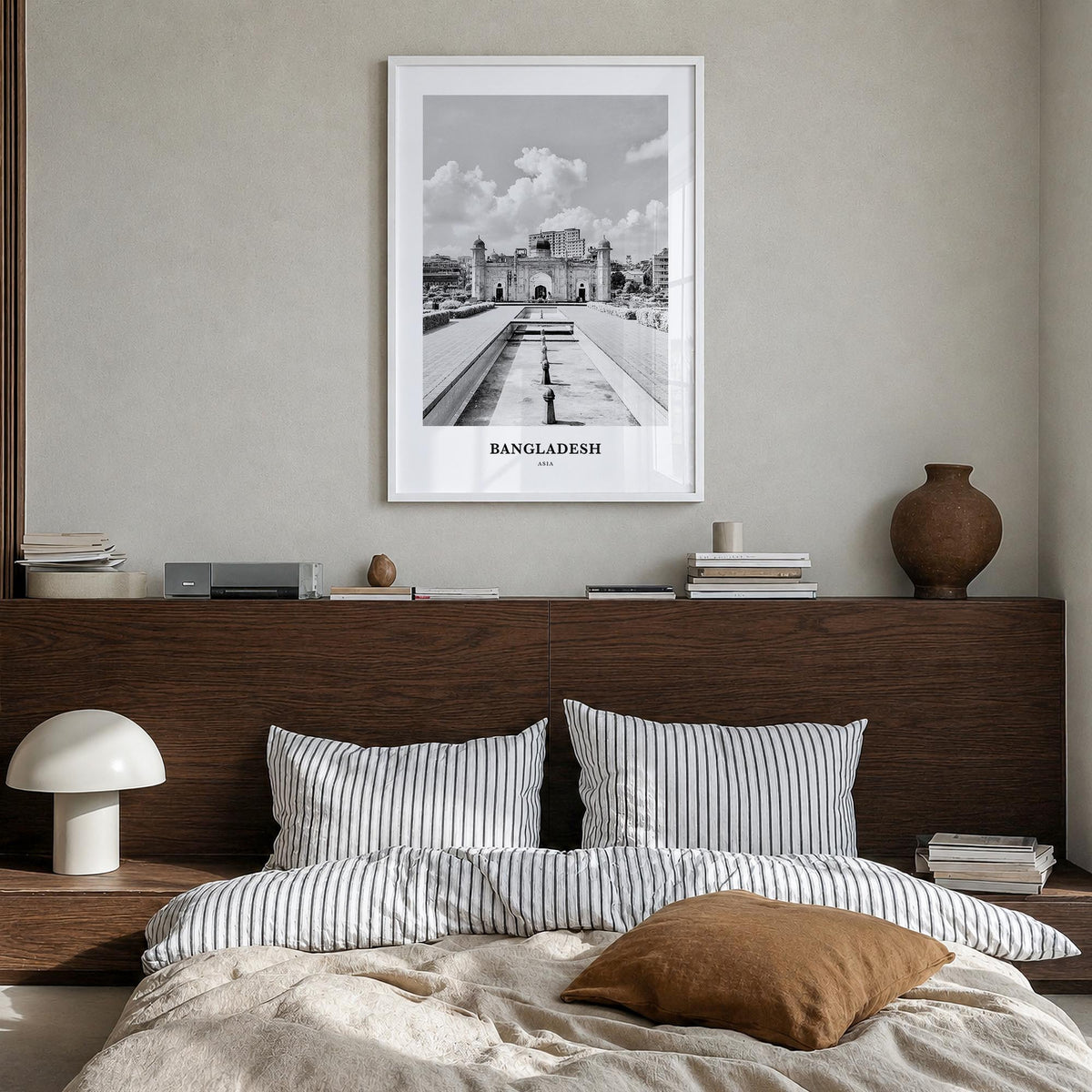 Bangladesh no. 1 black & white classic poster of Asia – vertical wall art in white wood frame, hanging on wall