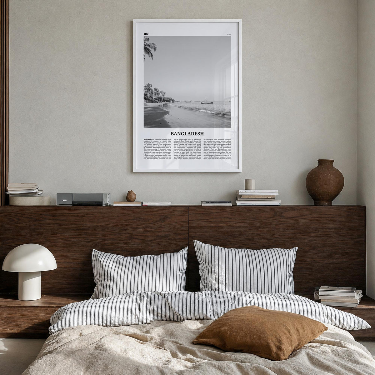 Bangladesh no. 1 black & white newspaper poster of Asia – vertical wall art in white wood frame, hanging on wall