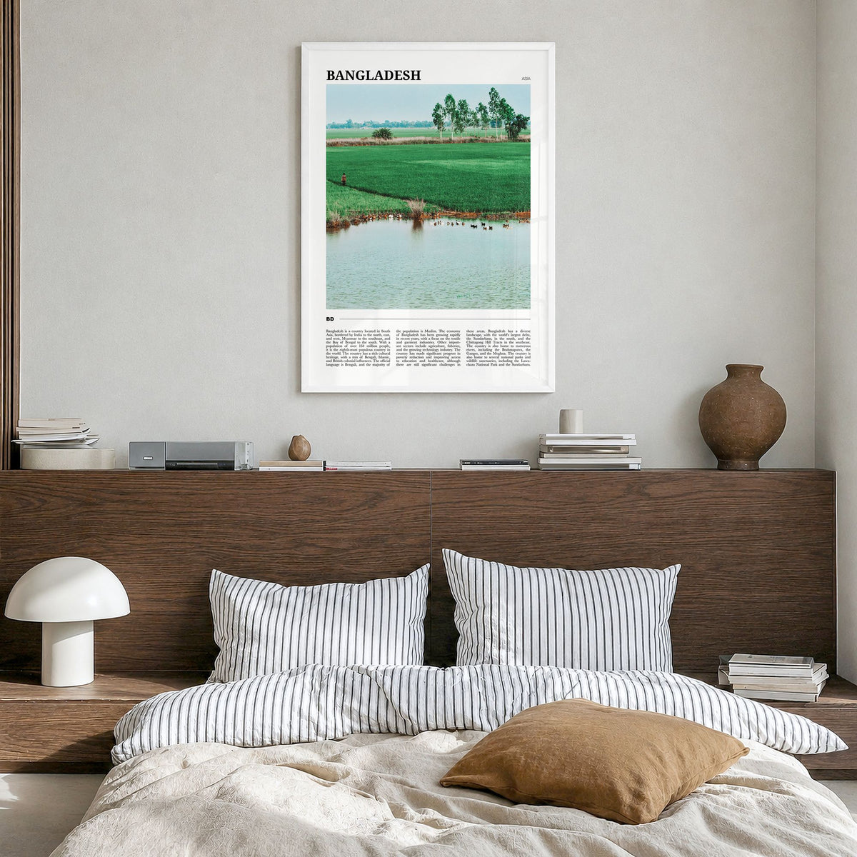 Bangladesh Travel Poster in a white wood frame, hanging in a bedroom