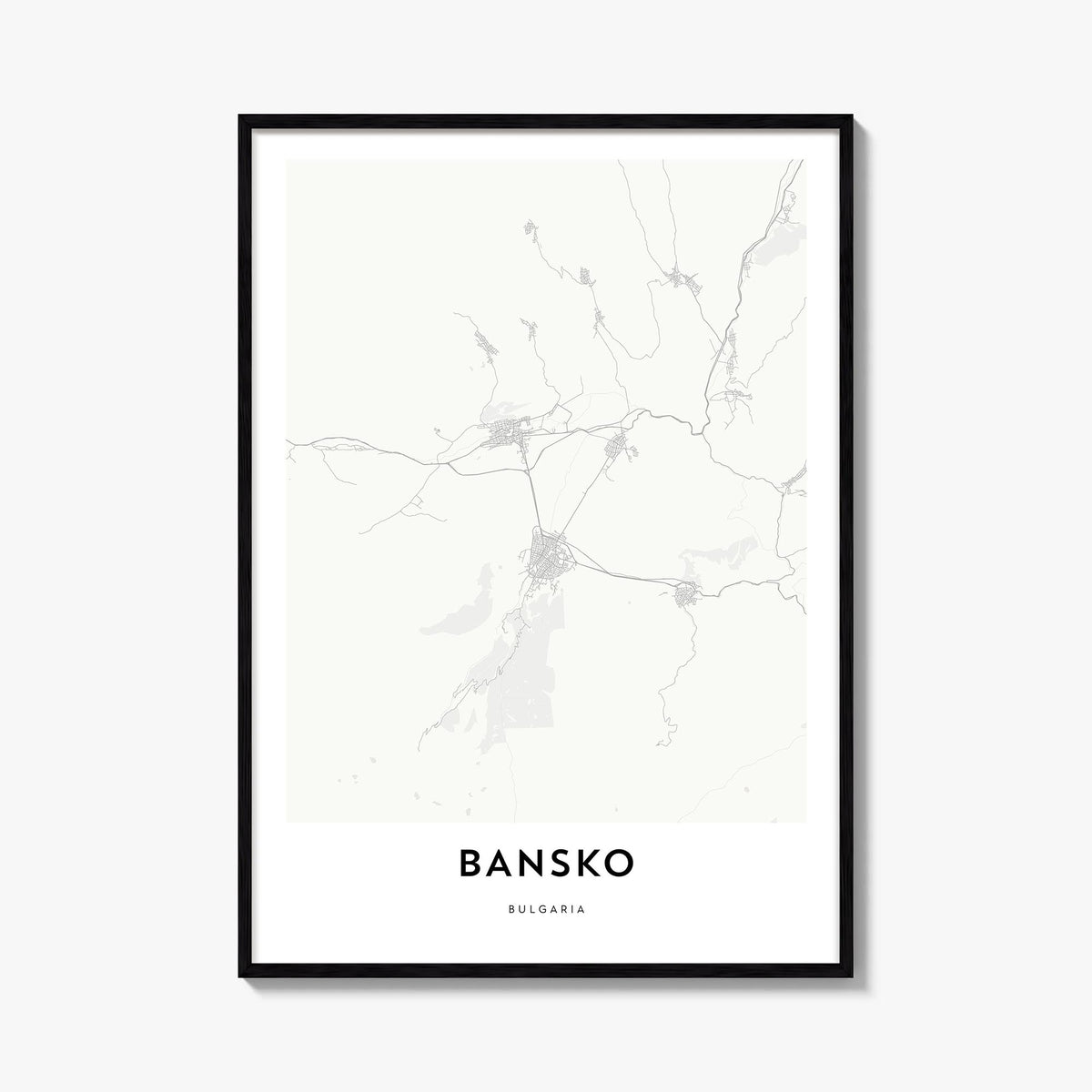 Bansko black & white map poster of Bulgaria – vertical wall art, unframed print shown in interior mockup