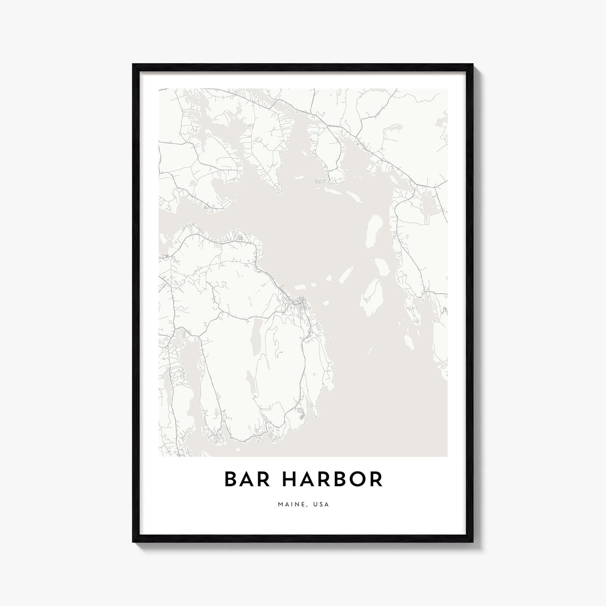 Bar Harbor black & white map poster of Maine, USA – vertical wall art, unframed print shown in interior mockup