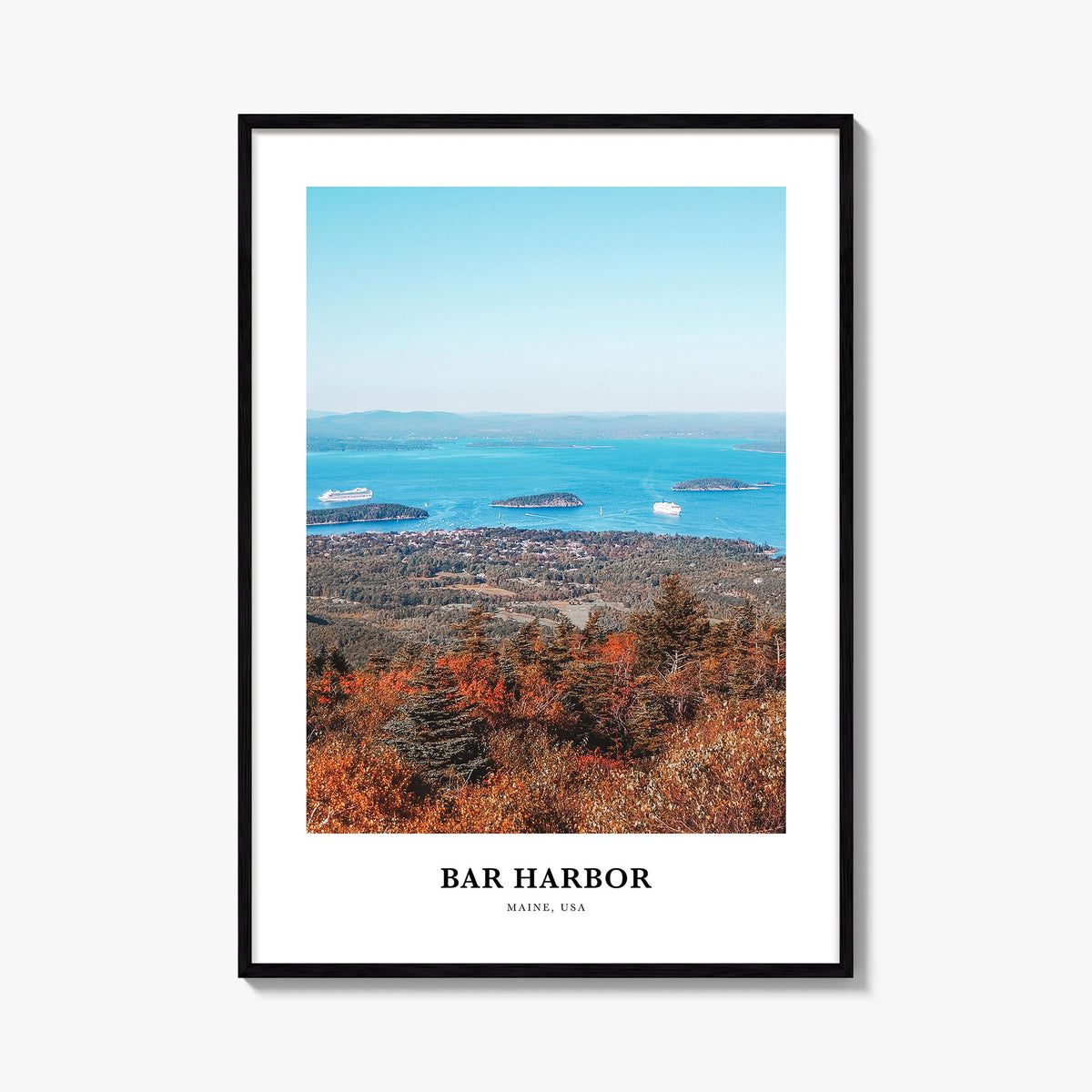 Bar Harbor no. 1 colorful classic poster of Maine, USA – vertical wall art, unframed print shown in interior mockup